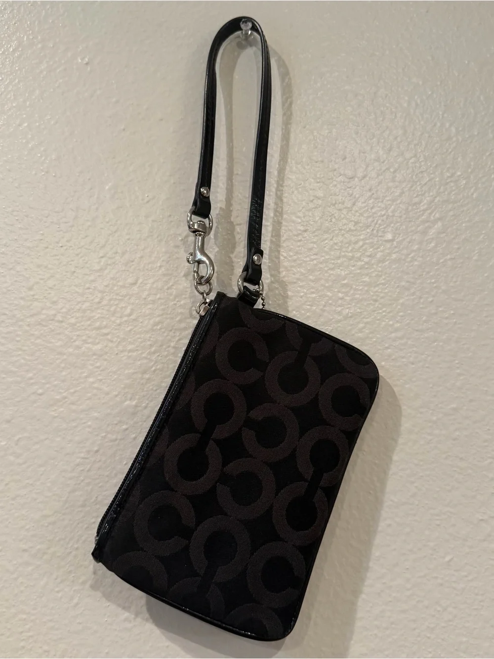 Coach Black Signature Zip Wristlet with Patent Trim